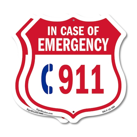 Signmission Emergency 911 Phone Shield Sign In Case, 18 inch X 18 inch, Plastic Sign, 2PK SHI-P-2PACK-18-380