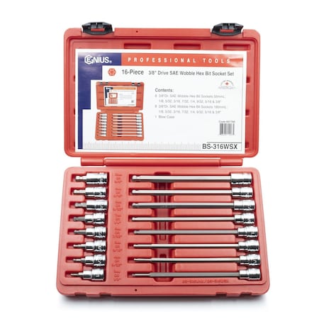 Genius Tools 16PC 3/8in Dr. SAE Long Wobble Hex Bit Socket Set BS-316WSX