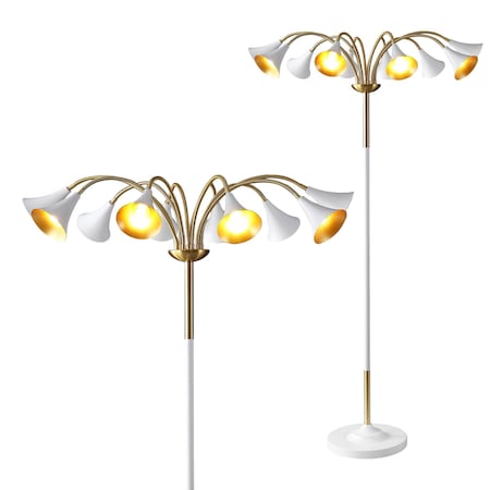 Jonathan Y Vivian 61" 10-Light Mid-Century Modern Iron Medusa Multi Head LED Floor Lamp, White/Brass Gold JYL3096A