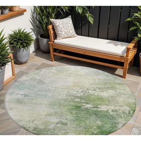 Homeroots 8' Artichoke Green And Ivory Round Abstract Washable Indoor Outdoor Area Rug 605502
