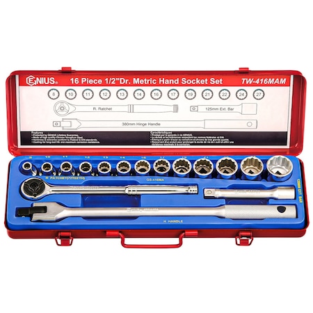 Genius Tools 16PC 1/2in Dr. 12-pt. Metric Hand Socket Set TW-416MAM