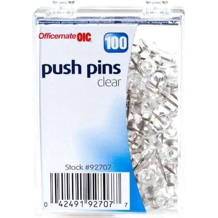 Oic Pushpins, Plastic, Clear, Head 1/2" L, 100/BX 100PK OIC92707