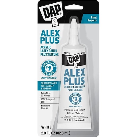 Alex Plus All-Purpose Caulk, White, 30 min Paint Ready, 24 hr Water Ready Curing, 40 to 100 deg F, 2.8 fl-oz 7079800956
