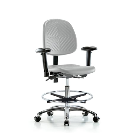 Blue Ridge Ergonomics Poly Chair Chrome-Med Bench Ht with Med Back, Seat Tilt, Adj Arms, Chrome FR, &Casters in Gray Poly PMBCH-MB-CR-T1-A1-CF-CC-GRY