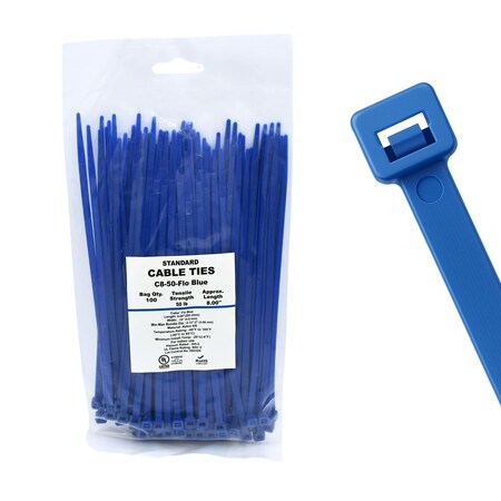Cable Ties Unlimited Cable Tie, 8 in L, 50 lb Strength, 2.2 in Max Bundle Dia, Nylon 6/6, Fluorescent Blue 100PK C8-50-Flo Blue