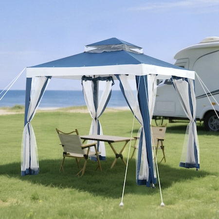 Sunjoy 8 ft x 8 ft Patio Gazebo, Modern Steel Frame Soft Top Gazebo with Netting - Navy Blue & White A101003611