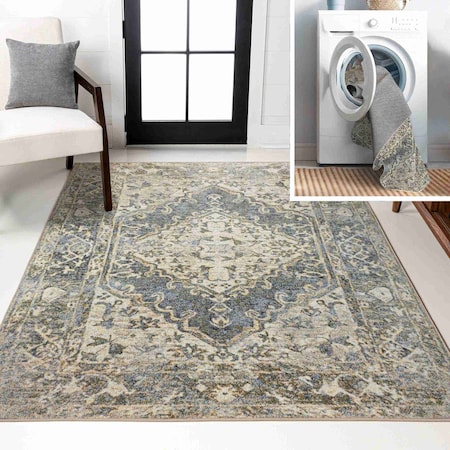 Jonathan Y Pavel Distressed Medallion Low-Pile Machine-Washable Blue/Cream 8 ft. x 10 ft. Area Rug WSH317A-8