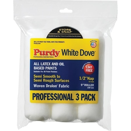 Purdy White Dove 14F864000 Paint Roller Cover, 1/2 in Thick Nap, 9 in L, Dralon Fabric Cover 14W864000