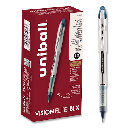 Uni-Ball VISION ELITE BLX Series Rollerball Pen, Stick, Bold 0.8 mm, Blue-Infused Black Ink, 12PK 61232