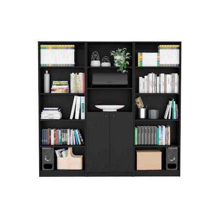 Homeroots 71" Black Five Tier Bookcase with Two doors 546347