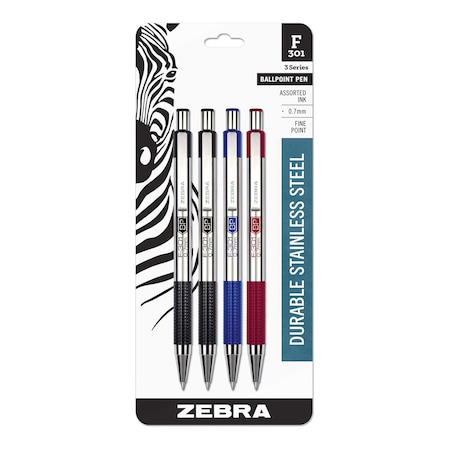 Zebra Pen F-301 Retractable Ballpoint 0.7mm Assorted 4pk 27104