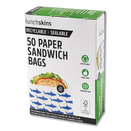 Lunchskins Peel and Seal Sandwich Bag with Closure Strip, 6.3in x 2in x 7.9in, Blue Sharks/White, 50PK 854735005904