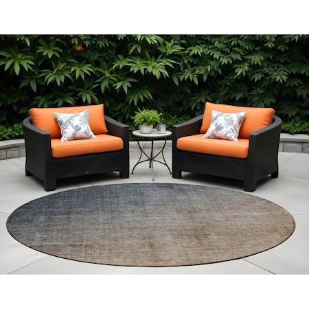 Homeroots 8' Taupe And Gray Round Ombre Washable Indoor Outdoor Area Rug 563705