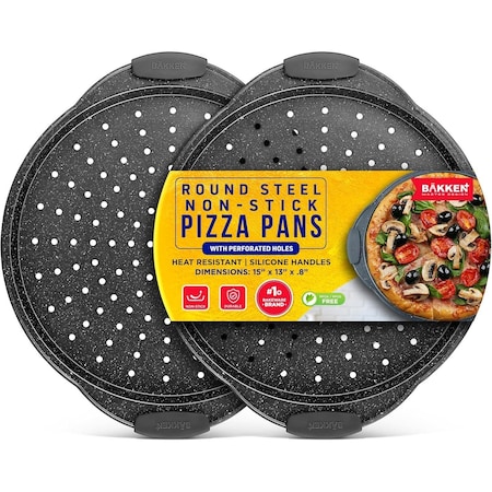 Bakken- Swiss BAKKEN Pizza Pan, Round Perforated, Nonstick Marble Coating, Dishwasher Safe, Gray, 2PK BAKPIZSHGMB54