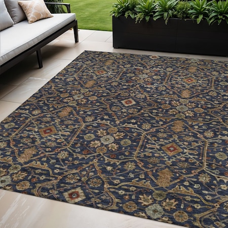 Homeroots 5' X 8' Navy Blue Brown And Red Floral Washable Indoor Outdoor Area Rug 604602