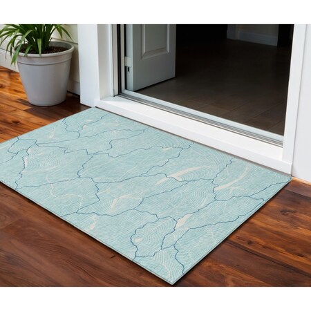 Homeroots 3' X 5' Aqua And Ivory Abstract Washable Indoor Outdoor Area Rug 601020