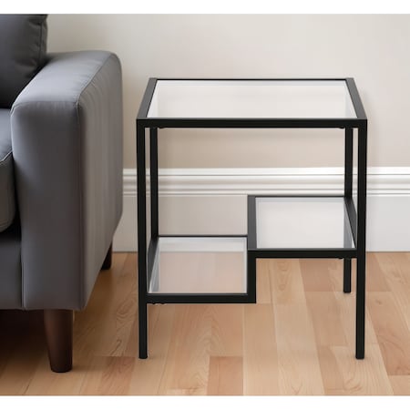 Homeroots 22" Black And Clear Glass And Steel Square End Table With Two Shelves 544210