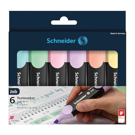 Schneider Pen Job Pastel Highlighter, 1 + 5 mm Chisel Tip, 6 Assorted Ink Colors 115097