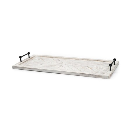 Homeroots 35in White and Natural Wood Indoor Outdoor Tray With Handles 376044