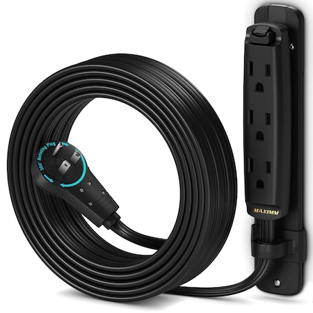 Maximm 15ft 16AWG 3-Outlet 360 degrees Flat Plug Extension Cord w/ Bracket, UL, Black ADW-360-C3F15-16B0-WM