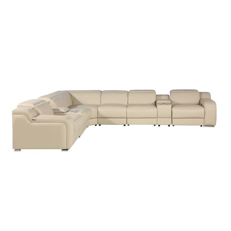 Homeroots Beige Italian Leather Power Reclining Curved Seven Piece Corner Sectional With Console 544979