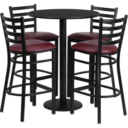 Flash Furniture Round Blk Bar Table, Rnd Base w/Burg Seats, 30", Laminate Top, Wood Grain RSRB1025-GG