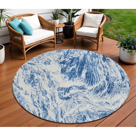 Homeroots 8' Navy Blue And Ivory Round Abstract Washable Indoor Outdoor Area Rug 614295