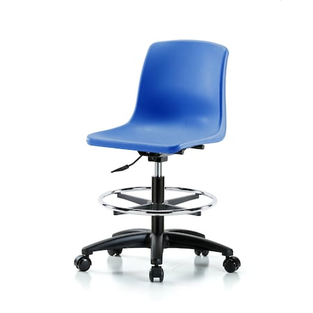 Blue Ridge Ergonomics Polypropylene Shell Chair - Medium Bench Height with Chrome Foot Ring & Casters in Blue SMBCH-RG-CF-NBC-BLU