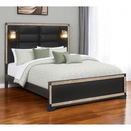 Homeroots Black Faux Crystal Bling Wood And Upholstery Lighted King Bed Frame 564718