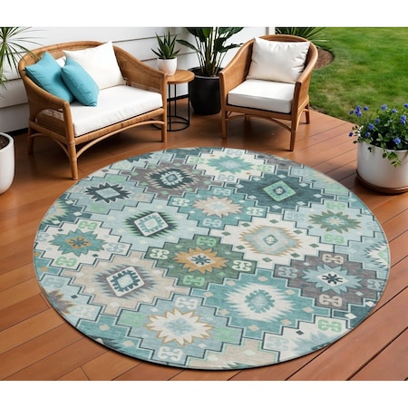 Homeroots 8' Teal Blue Beige And Ivory Round Southwestern Washable Indoor Outdoor Area Rug 632283