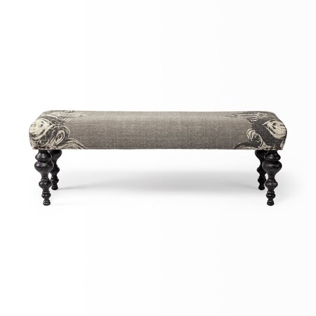 Homeroots 55in Gray and Black Upholstered Cotton Blend Floral Distressed Bench 376181
