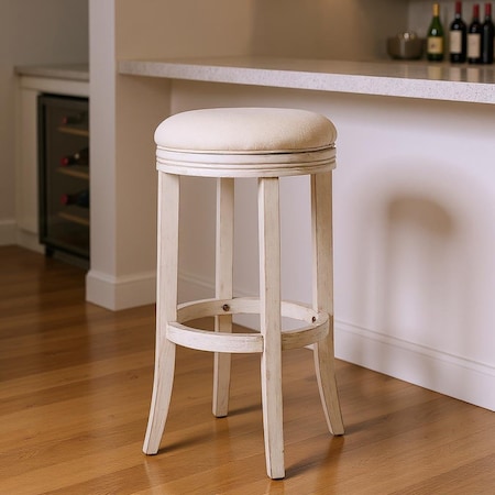 Homeroots 31" Bone and Antiqued White Fabric and Solid Wood Backless Bar Height Swivel Bar Chair 632407