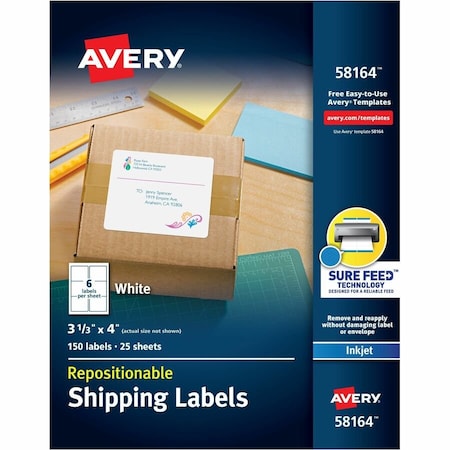 Avery Dennison Avery, REPOSITIONABLE SHIPPING LABELS W/SUREFEED, INKJET, 3 1/3 X 4, WHITE, 150PK 58164