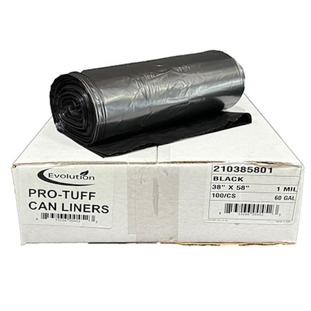 Evolution Heavy-Duty Trash Can Liner 55-60 gal, 38 in x 58 in, 1 Mil, Black, 100PK 210385801
