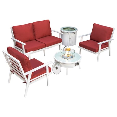 Leisuremod Walbrooke Modern White Patio Conversation With Round Fire Pit With Slats Design & Tank Holder, Red WWS-29-24-57-31-R
