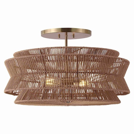 Jonathan Y Maya 23.75" 2-Light Bohemian Farmhouse 2-Tier Metal Hand-Woven Paper Rope Tapered Drum LED Semi Flus JYL1612A
