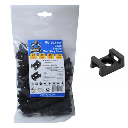 Grizzly Supply Cable Tie Saddle Mount, Mounting Base, No. 8 Screw, Nylon 6/6, UV Resistant, Black, 100PK GS-CTM8-0C