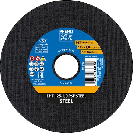 Pferd Cut-Off Wheel, Type 1, 5 in Dia, 0.040 in Thick, 7/8 in Arbor Hole Size, Aluminum Oxide 69950