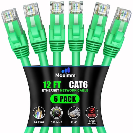 Maximm Cat6 Ethernet Cable 12ft 10Gbps 550MHz UTP, 6PK, Green, 6PK CAT6CCA-12GN-6PK