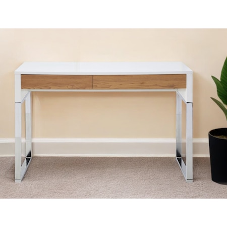 Homeroots 47" White and Silver Writing Desk With Two Drawers 543789