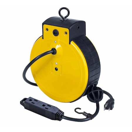 Alert Reel Mfg ProReel Retractable Cord Reel, 10 Amp , 25' 16/3 SJTW, Tri Tap Outlets w/Circuit Breaker 3225ATC