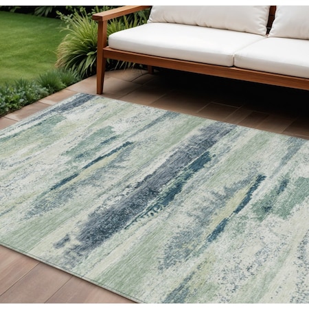 Homeroots 10' X 14' Mint Green Ivory And Denim Blue Abstract Washable Indoor Outdoor Area Rug 612538