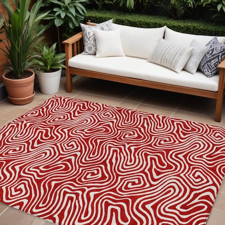 Homeroots 9' X 12' Red And Ivory Abstract Washable Indoor Outdoor Area Rug 599752