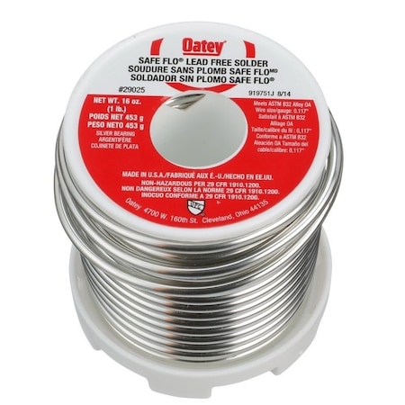Oatey Safe-Flo Wire Solder, 1 lb, Solid, Gray/Silver, 415 to 455 deg F Melting Point 29025