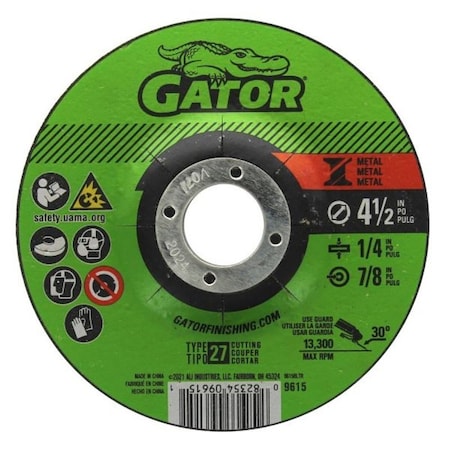 Gator Grinding Wheel, 4-1/2 in Dia, 1/4 in Thick, 7/8 in Arbor, Aluminum Oxide Abrasive 9615