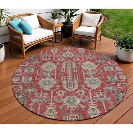 Homeroots 8' Red Beige And Charcoal Round Oriental Washable Indoor Outdoor Area Rug 582130