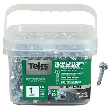 Teks Self-Drilling Screw, #12 x 1 in, Zinc Plated Steel Flange Hex Head External Hex Drive 21341