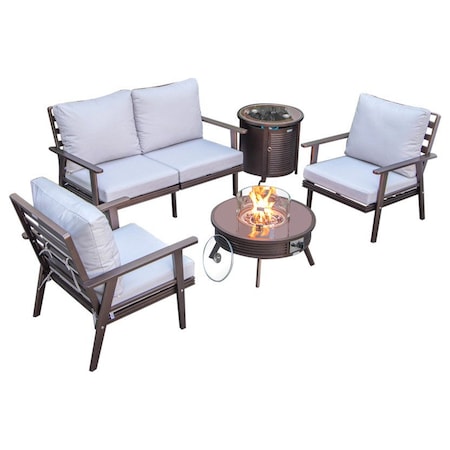 Leisuremod Walbrooke Brown Patio Conversation, Round Fire Pit with Slats Design & Tank Holder, Light Grey WBRS-29-24-57-31-LGR