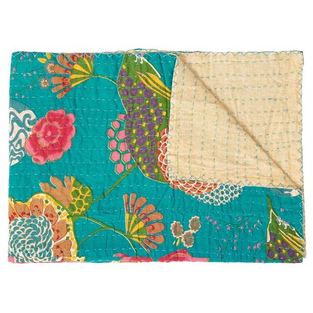 Homeroots 50" X 70" Teal And Pink Floral Cotton Quilted Kantha Throw Blanket with Embroidery 544531
