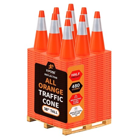 Xpose Safety 18 Inch All Orange Traffic Cone with 6in Reflective Collars, 480PK AOTC18-6-HP480-X